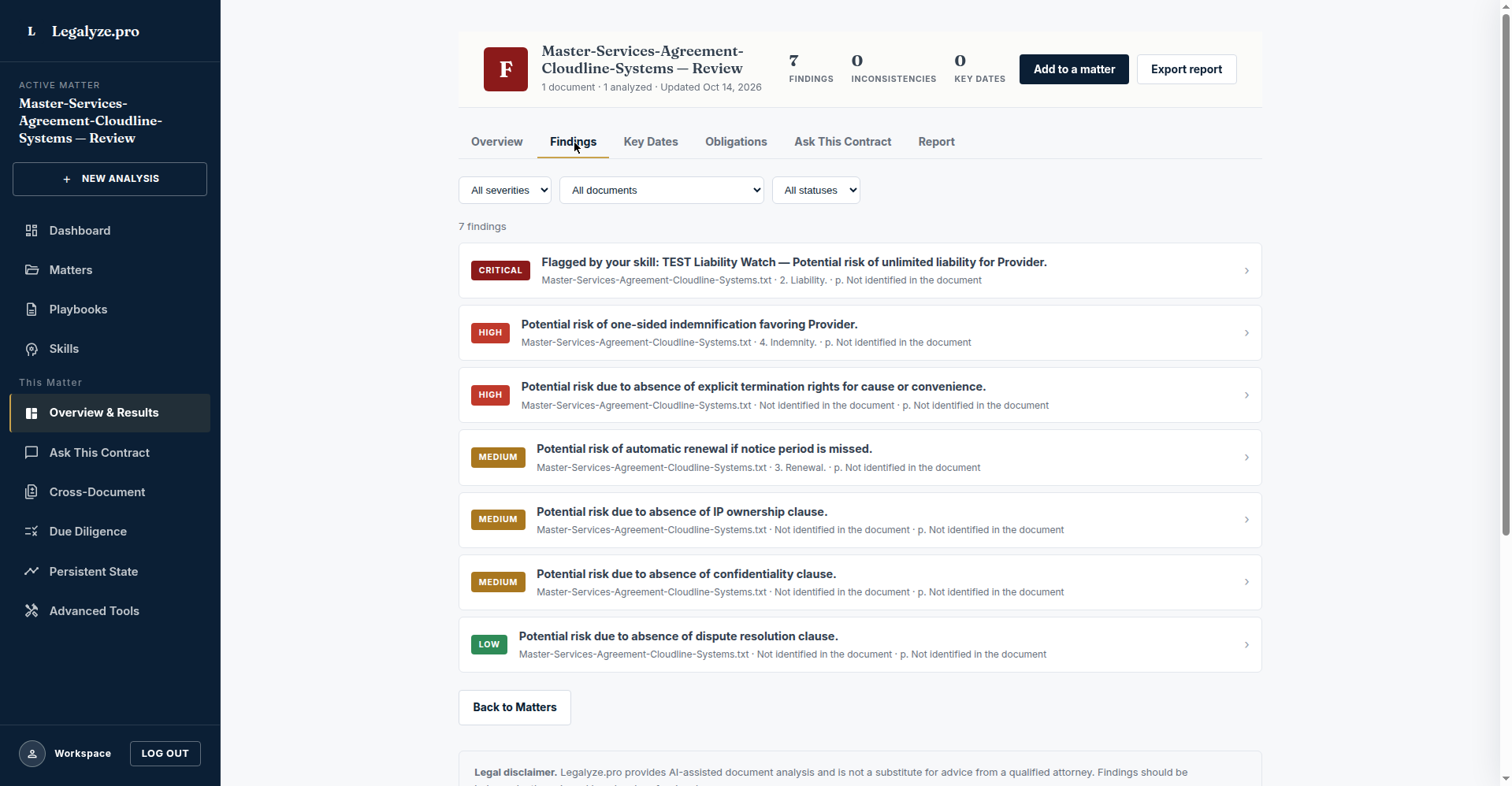 Legalyze.pro matter analysis with graded findings